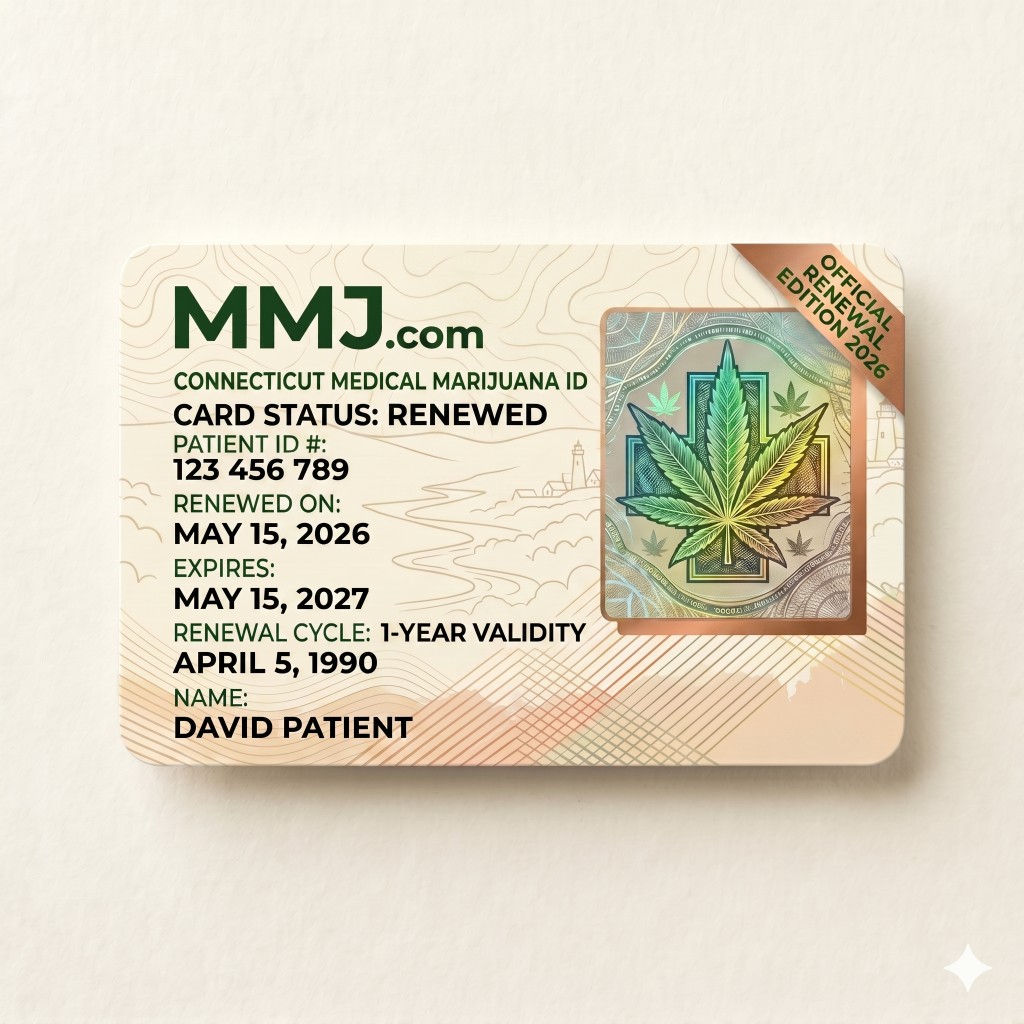 Sample illustration: Connecticut medical marijuana card renewal issued by DCP Sample illustration: Connecticut medical marijuana card renewal issued by DCP