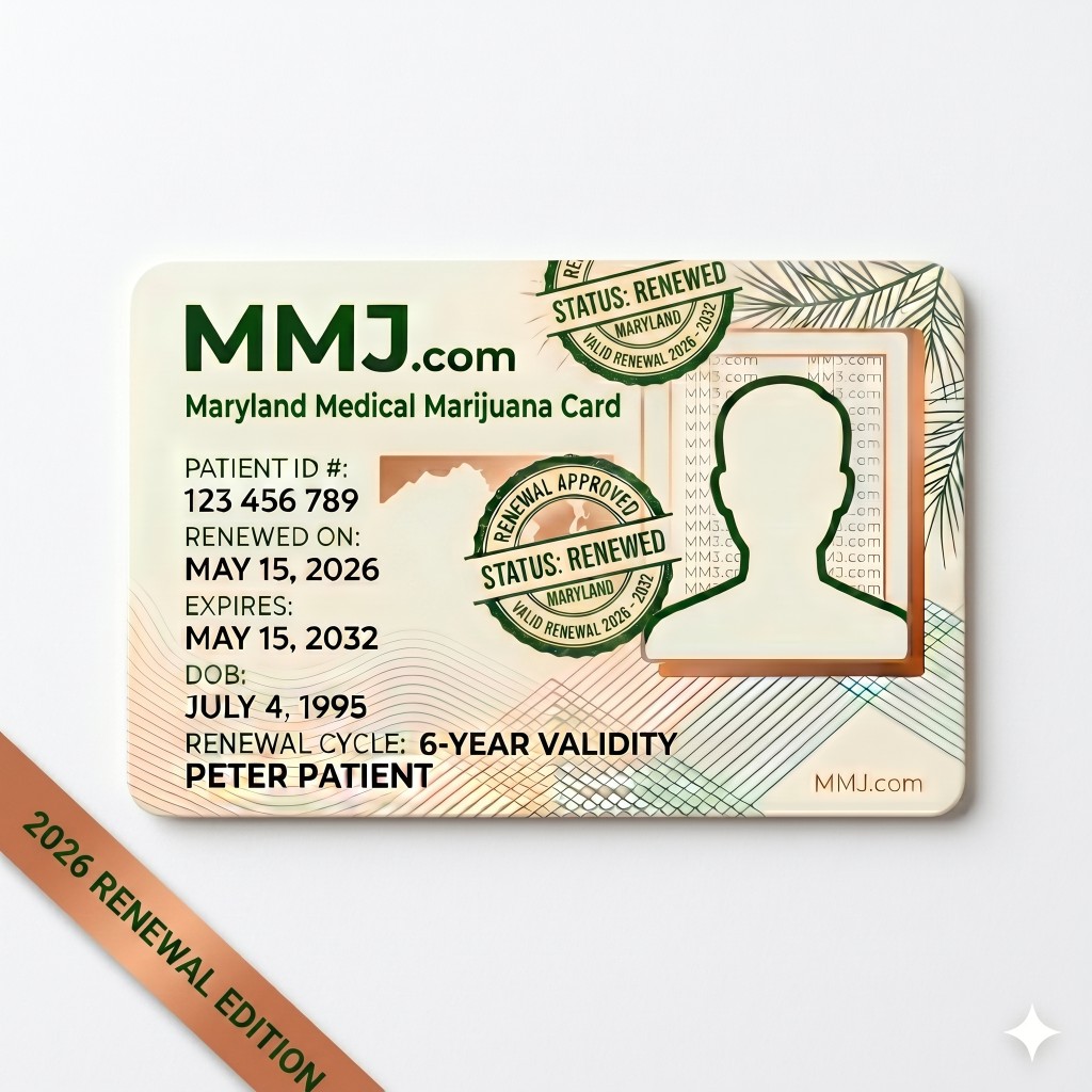 Sample illustration: Maryland medical marijuana card renewal issued by MCA Sample illustration: Maryland medical marijuana card renewal issued by MCA