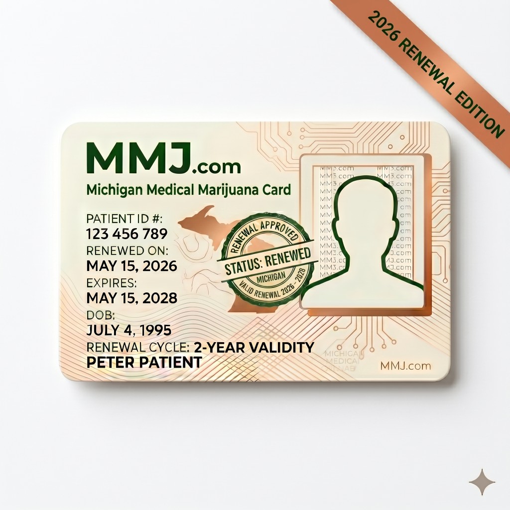 Sample illustration: Michigan medical marijuana card renewal issued by CRA Sample illustration: Michigan medical marijuana card renewal issued by CRA