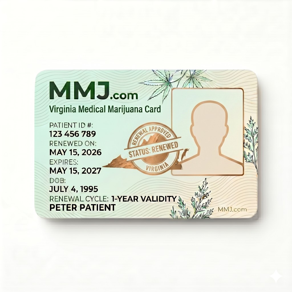 Sample illustration: Virginia medical marijuana card renewal issued by CCA Sample illustration: Virginia medical marijuana card renewal issued by CCA